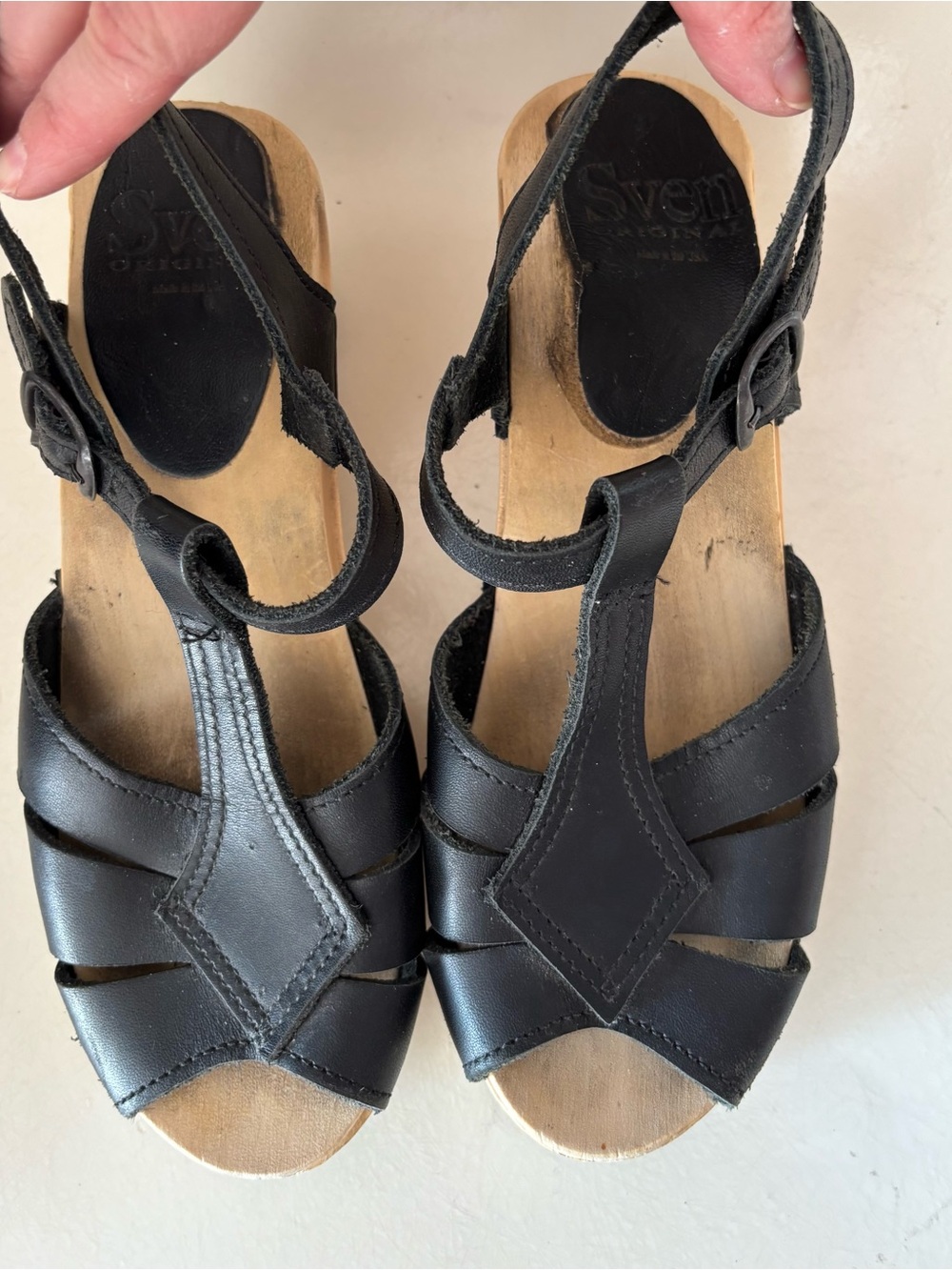 Sven Original Black Leather Diamond T-Strap Wooden Clogs - Women